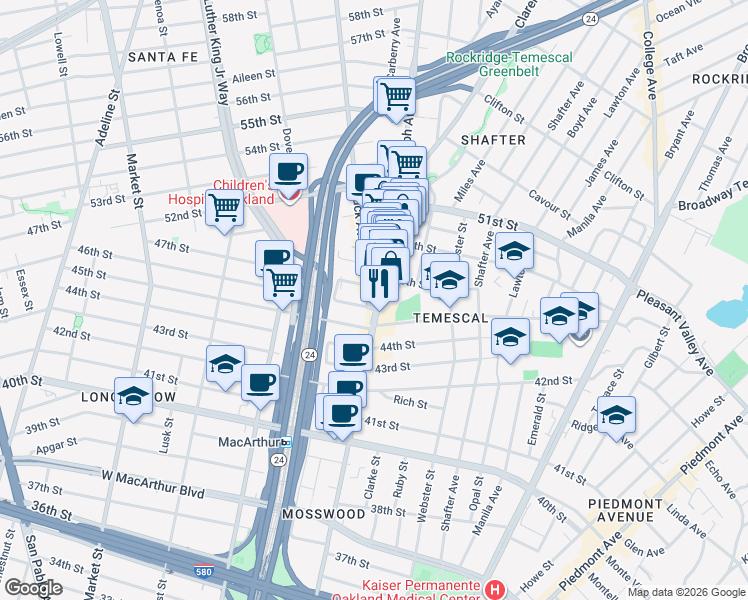 map of restaurants, bars, coffee shops, grocery stores, and more near 4601 Telegraph Avenue in Oakland