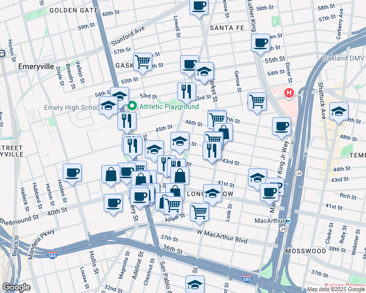map of restaurants, bars, coffee shops, grocery stores, and more near 1000 43rd Street in Oakland