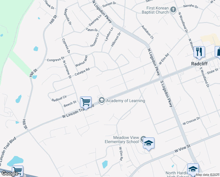 map of restaurants, bars, coffee shops, grocery stores, and more near 1319 Senate Cir in Radcliff