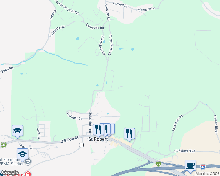 map of restaurants, bars, coffee shops, grocery stores, and more near 124 Andrews Drive in Saint Robert