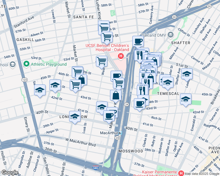 map of restaurants, bars, coffee shops, grocery stores, and more near 672 46th Street in Oakland