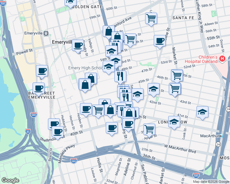 map of restaurants, bars, coffee shops, grocery stores, and more near 1199 45th Street in Emeryville