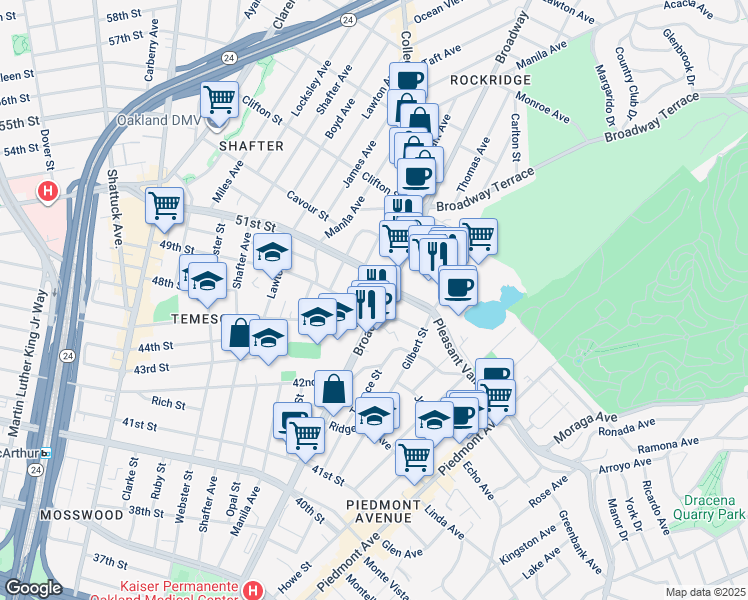 map of restaurants, bars, coffee shops, grocery stores, and more near 4901 Broadway in Oakland