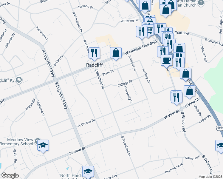 map of restaurants, bars, coffee shops, grocery stores, and more near 690 College Drive in Radcliff
