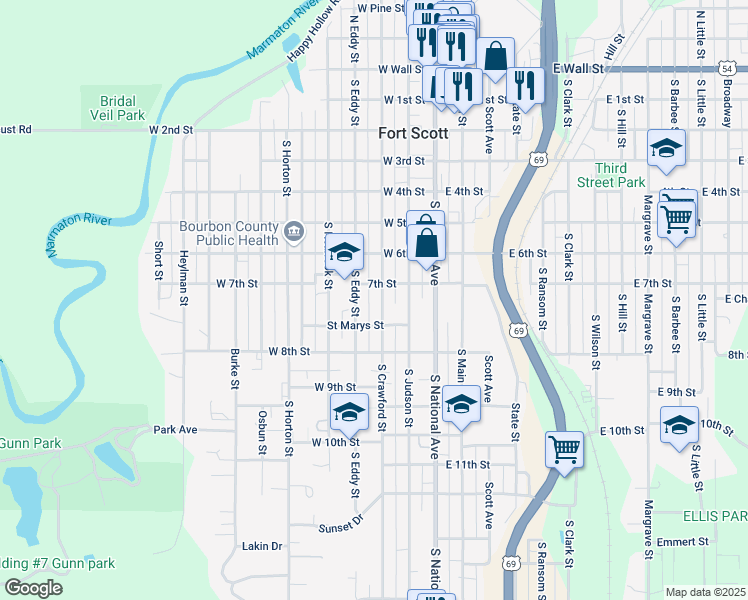 map of restaurants, bars, coffee shops, grocery stores, and more near 702 South Crawford Street in Fort Scott