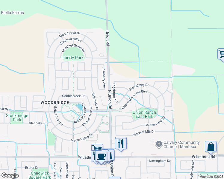 map of restaurants, bars, coffee shops, grocery stores, and more near 2577 Edgebrook Lane in Manteca