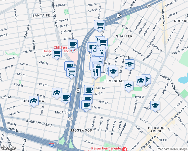 map of restaurants, bars, coffee shops, grocery stores, and more near 4601 Telegraph Avenue in Oakland