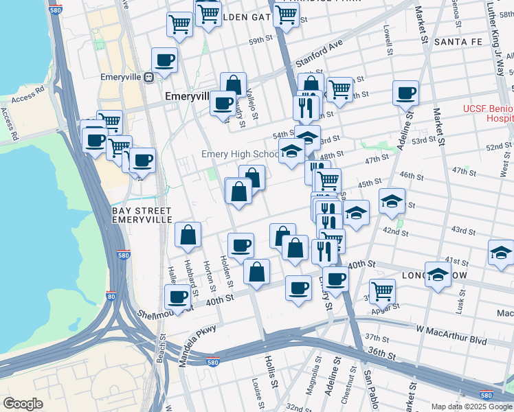 map of restaurants, bars, coffee shops, grocery stores, and more near 1250 45th Street in Emeryville