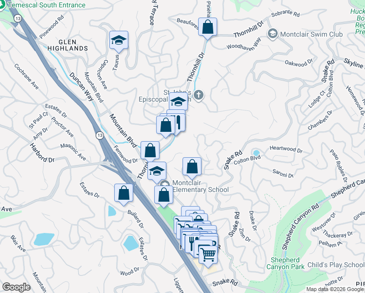 map of restaurants, bars, coffee shops, grocery stores, and more near 6160 Mazuela Drive in Oakland