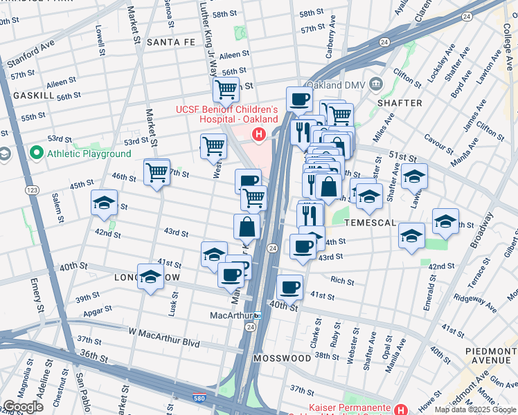 map of restaurants, bars, coffee shops, grocery stores, and more near in Oakland