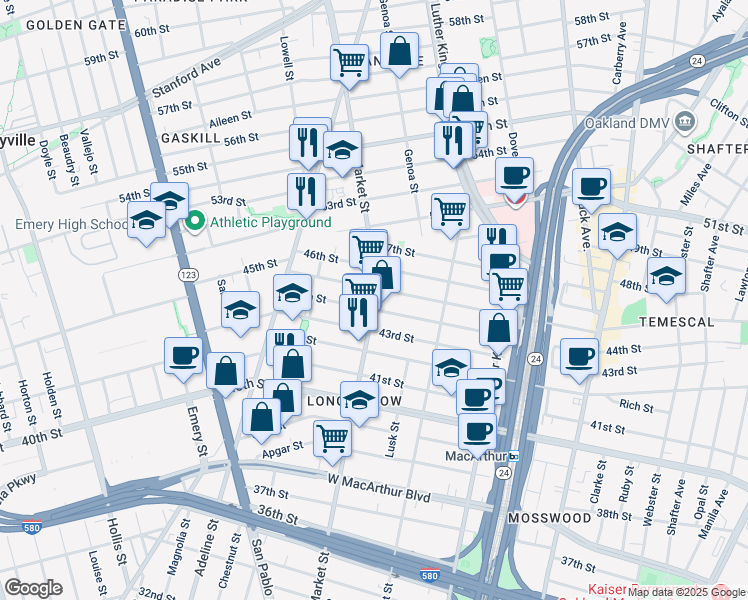 map of restaurants, bars, coffee shops, grocery stores, and more near 888 45th Street in Oakland