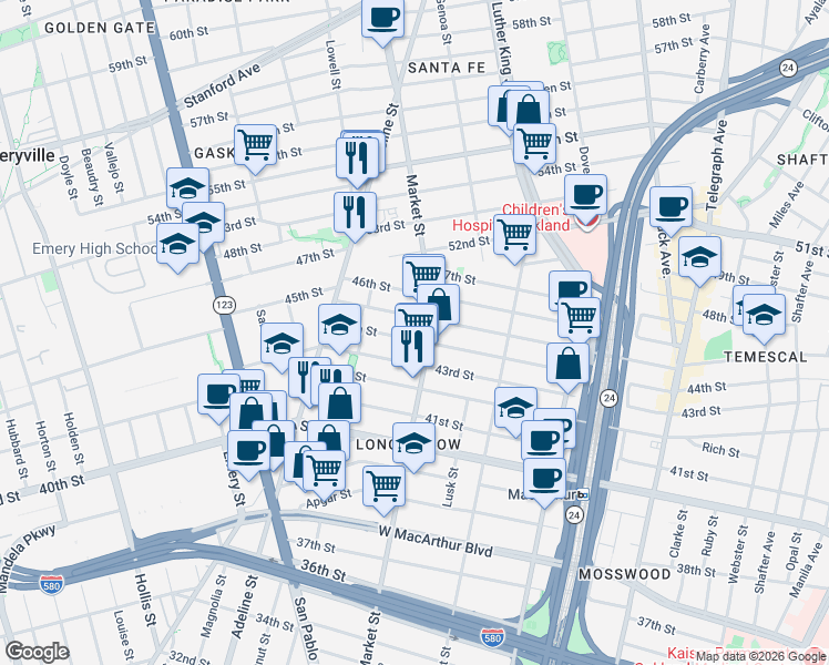 map of restaurants, bars, coffee shops, grocery stores, and more near 933 45th Street in Oakland
