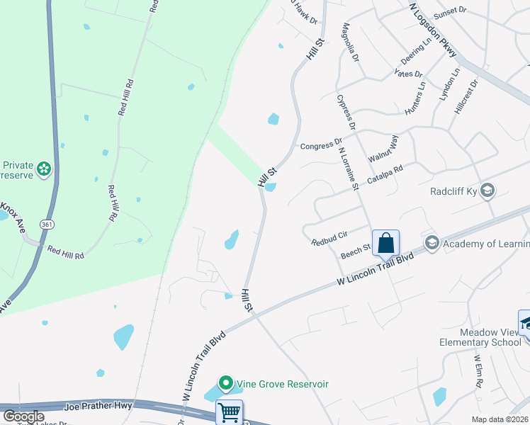 map of restaurants, bars, coffee shops, grocery stores, and more near 2925 Hill Street in Vine Grove