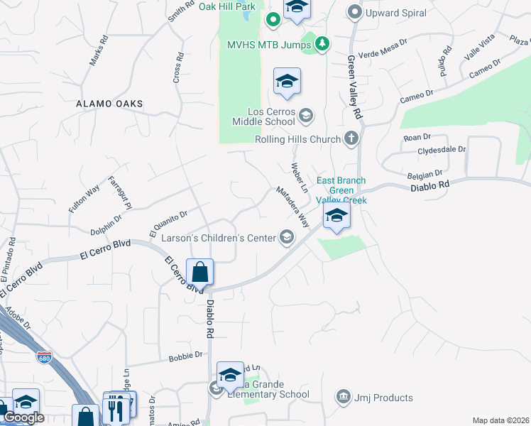 map of restaurants, bars, coffee shops, grocery stores, and more near 33 San Ysidro Court in Danville
