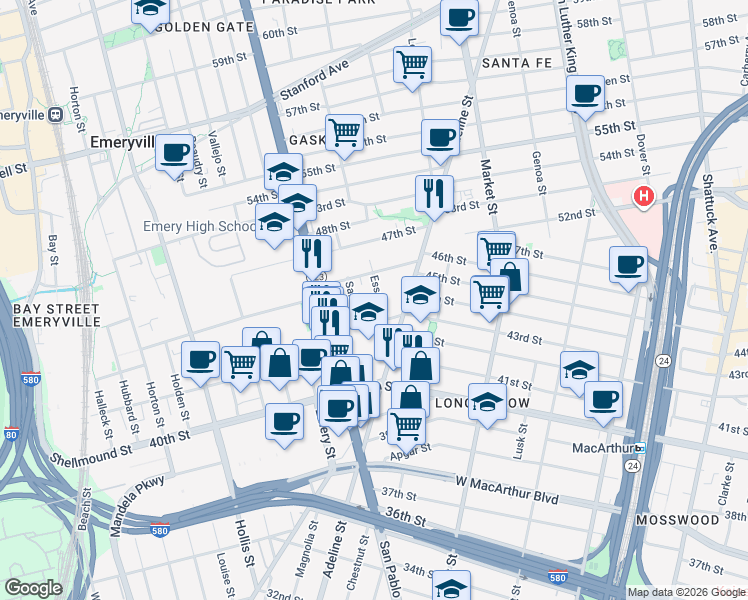 map of restaurants, bars, coffee shops, grocery stores, and more near 4325 Essex Street in Emeryville