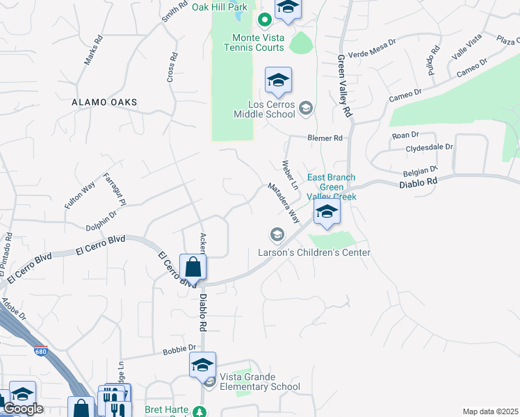 map of restaurants, bars, coffee shops, grocery stores, and more near 33 San Ysidro Court in Danville