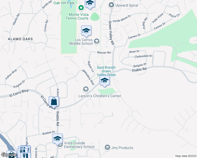 map of restaurants, bars, coffee shops, grocery stores, and more near 950 Diablo Road in Danville