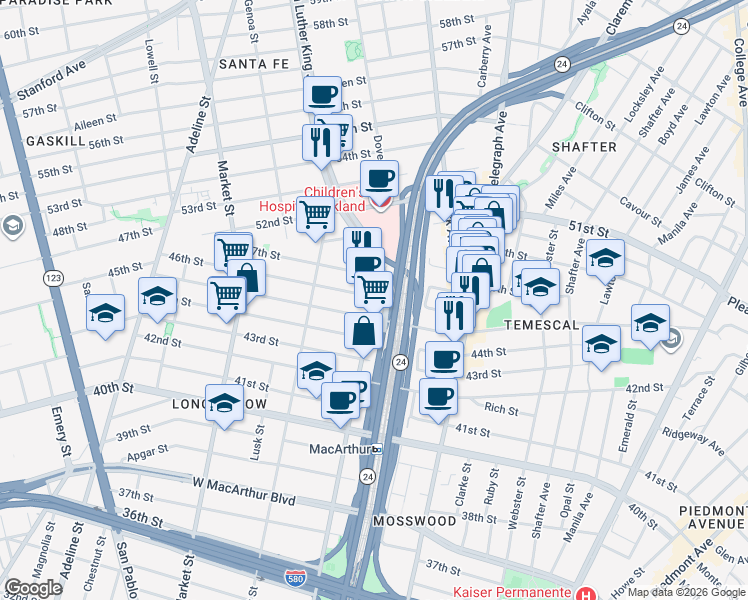 map of restaurants, bars, coffee shops, grocery stores, and more near 672 46th Street in Oakland