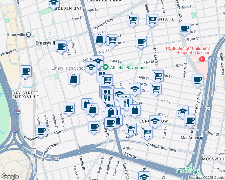 map of restaurants, bars, coffee shops, grocery stores, and more near 1087 45th Street in Emeryville