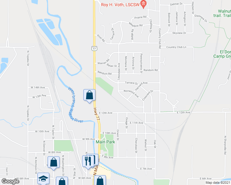 map of restaurants, bars, coffee shops, grocery stores, and more near 1439 Lawndale Avenue in El Dorado