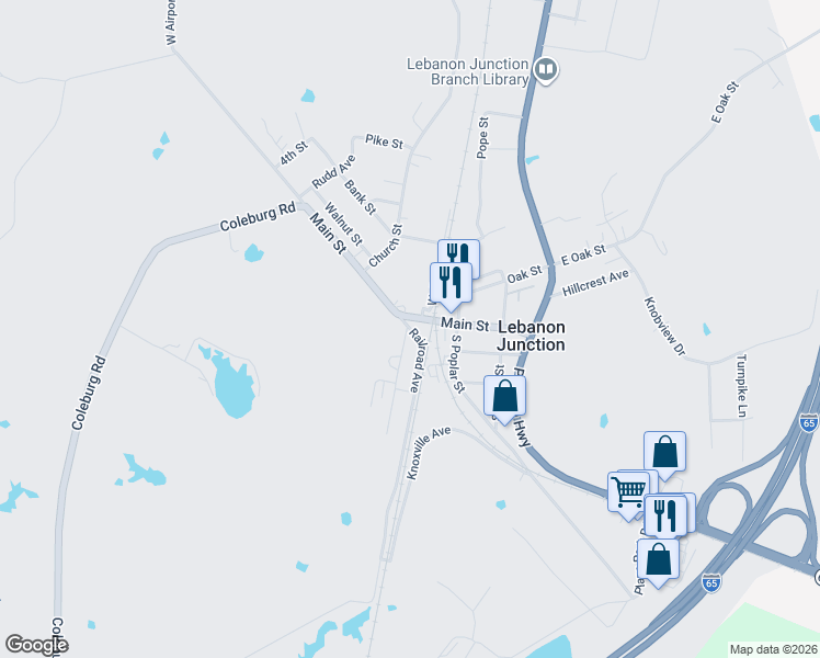 map of restaurants, bars, coffee shops, grocery stores, and more near 349 Main Street in Lebanon Junction