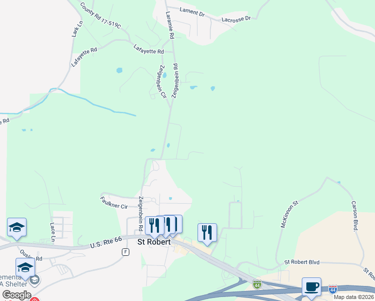 map of restaurants, bars, coffee shops, grocery stores, and more near 106 Daniels Court in Saint Robert