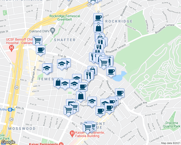 map of restaurants, bars, coffee shops, grocery stores, and more near 4939 Broadway in Oakland