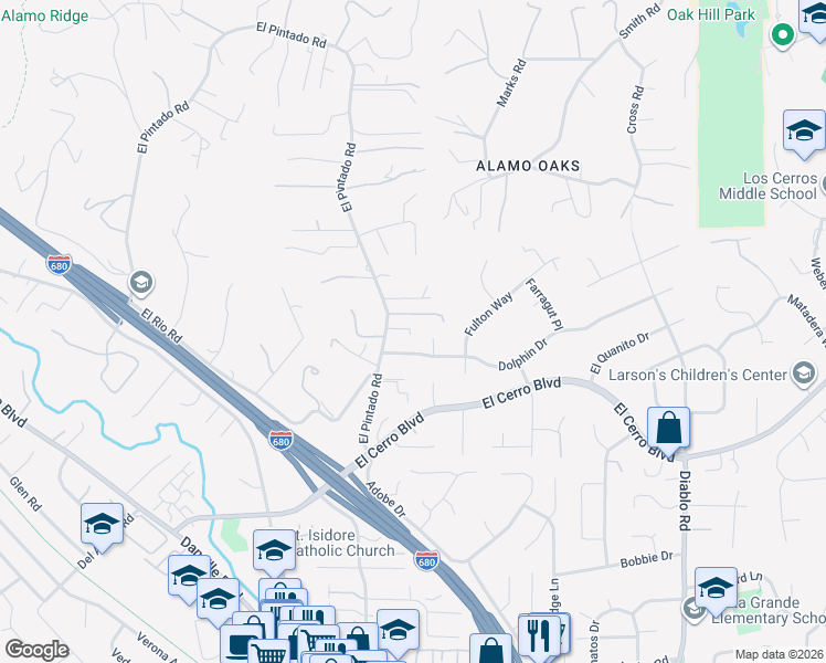 map of restaurants, bars, coffee shops, grocery stores, and more near 546 El Pintado Road in Danville