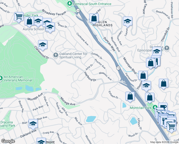map of restaurants, bars, coffee shops, grocery stores, and more near 5431 Masonic Avenue in Oakland