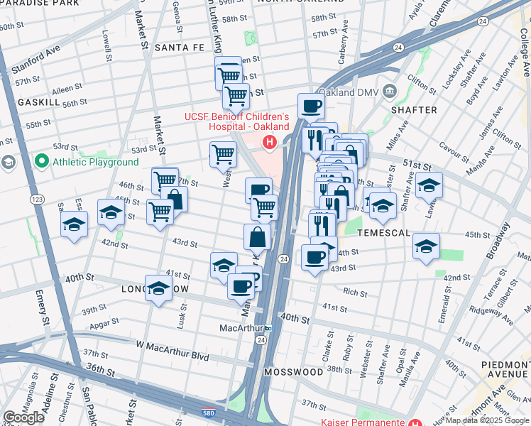 map of restaurants, bars, coffee shops, grocery stores, and more near Martin Luther King Jr Way & 46th St in Oakland