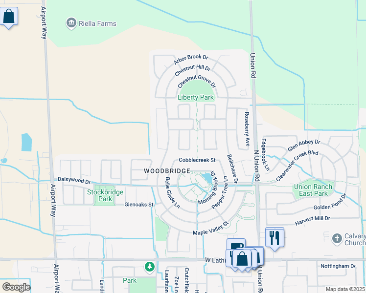 map of restaurants, bars, coffee shops, grocery stores, and more near 2628 Glen Echo Lane in Manteca