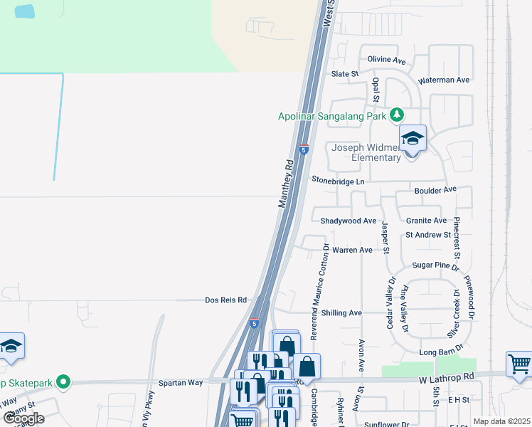 map of restaurants, bars, coffee shops, grocery stores, and more near 42 De Lima Road in Lathrop