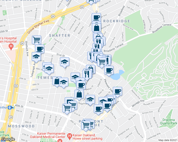 map of restaurants, bars, coffee shops, grocery stores, and more near in Oakland