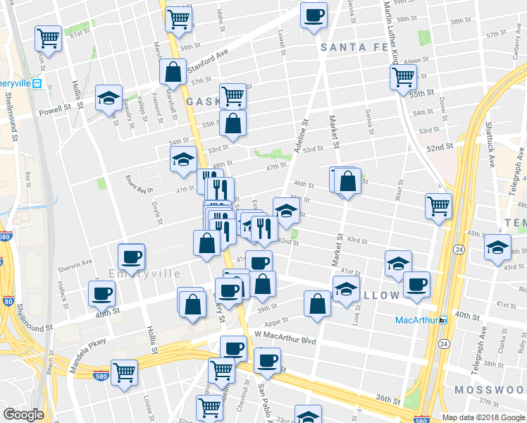 map of restaurants, bars, coffee shops, grocery stores, and more near 4325 Essex Street in Emeryville
