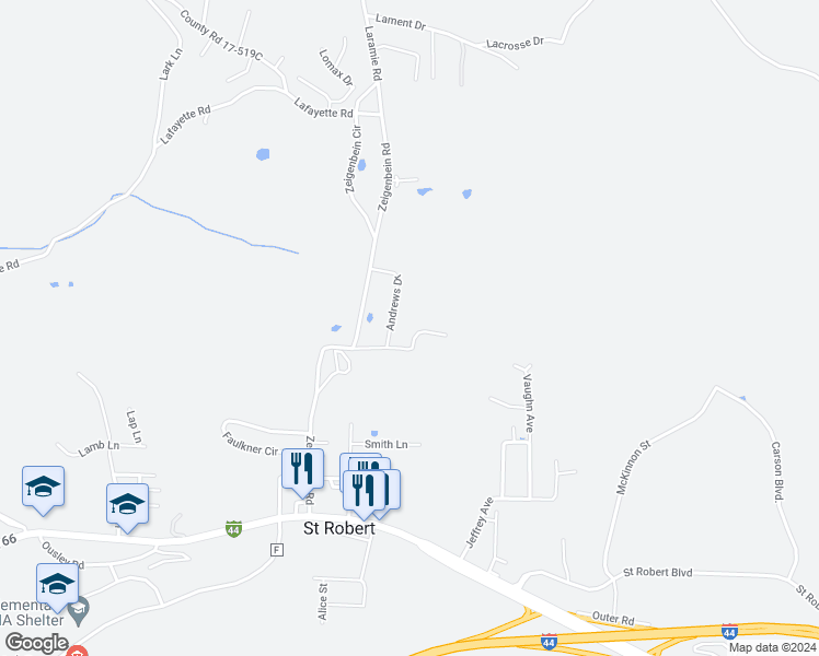 map of restaurants, bars, coffee shops, grocery stores, and more near 102 Daniels Court in Saint Robert