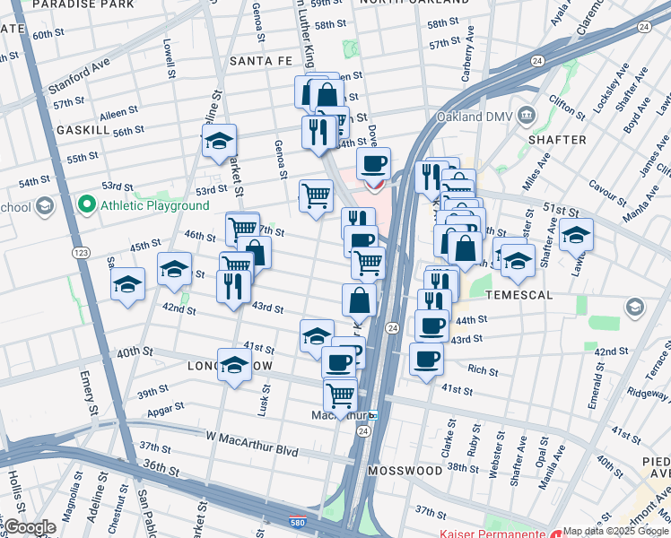 map of restaurants, bars, coffee shops, grocery stores, and more near 705 46th Street in Oakland