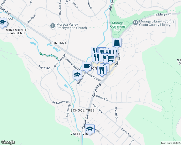 map of restaurants, bars, coffee shops, grocery stores, and more near 925 Country Club Drive in Moraga