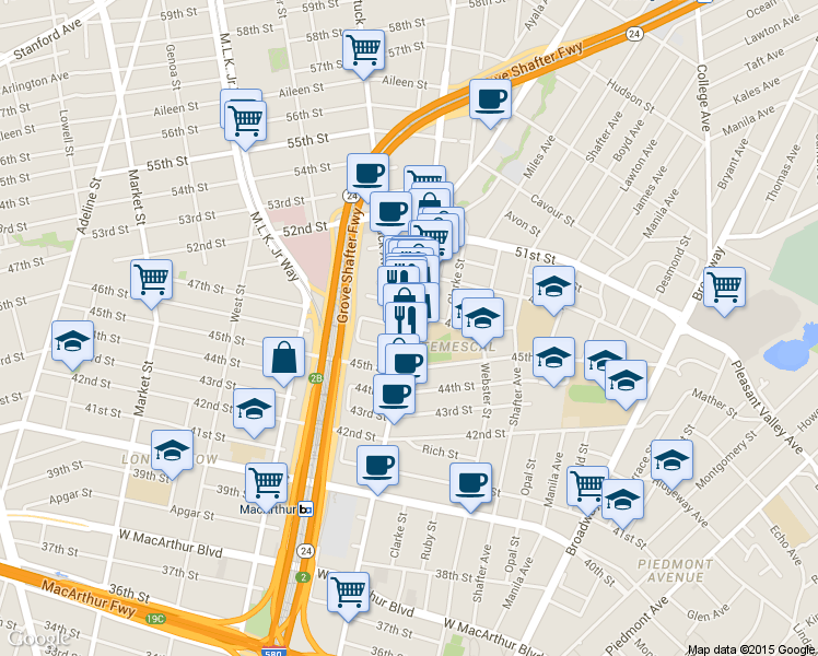 map of restaurants, bars, coffee shops, grocery stores, and more near Telegraph Avenue in Oakland