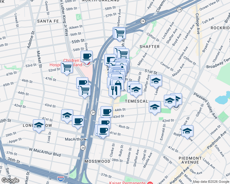 map of restaurants, bars, coffee shops, grocery stores, and more near Telegraph Avenue in Oakland