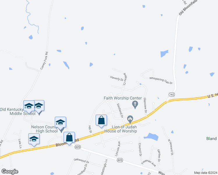 map of restaurants, bars, coffee shops, grocery stores, and more near 148 Glenview Drive in Bardstown
