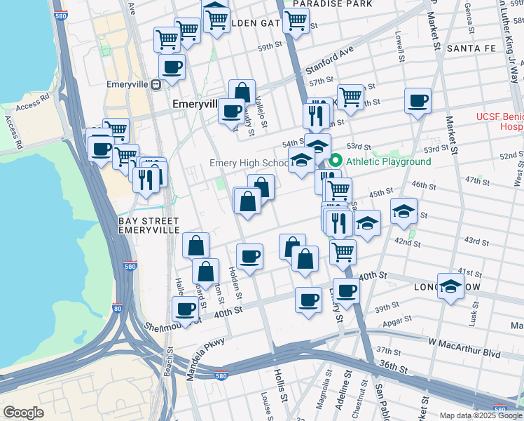 map of restaurants, bars, coffee shops, grocery stores, and more near 1250 45th Street in Emeryville