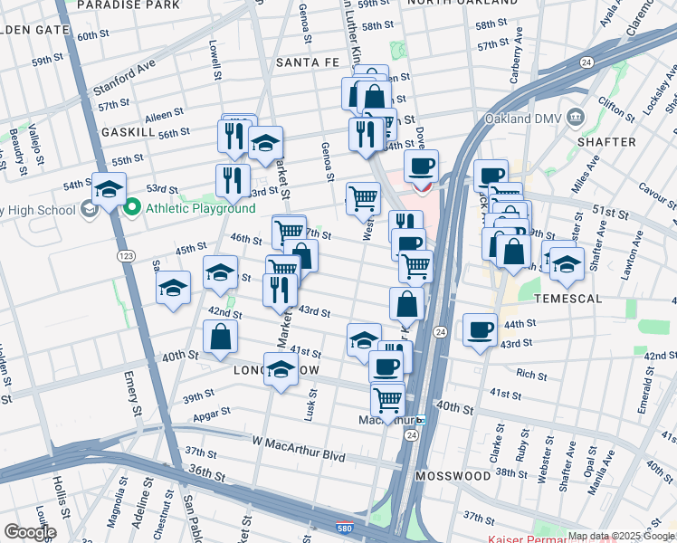 map of restaurants, bars, coffee shops, grocery stores, and more near 836 45th Street in Oakland