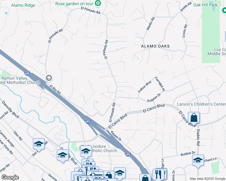 map of restaurants, bars, coffee shops, grocery stores, and more near 545 El Pintado Road in Danville