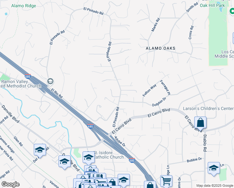 map of restaurants, bars, coffee shops, grocery stores, and more near 545 El Pintado Road in Danville