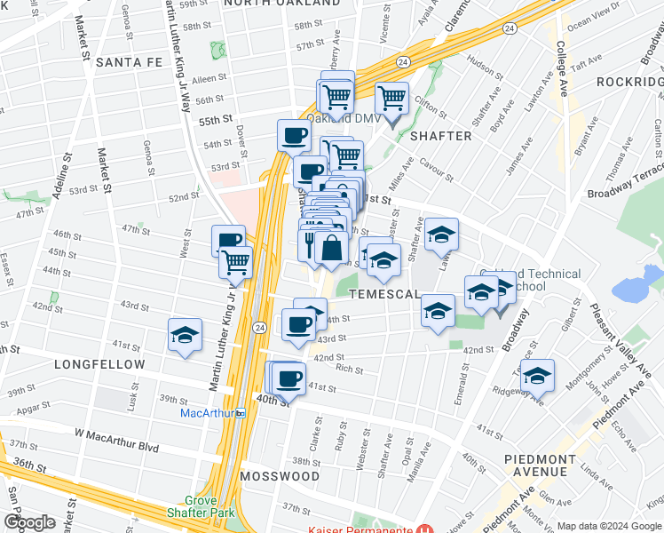 map of restaurants, bars, coffee shops, grocery stores, and more near 482 48th Street in Oakland