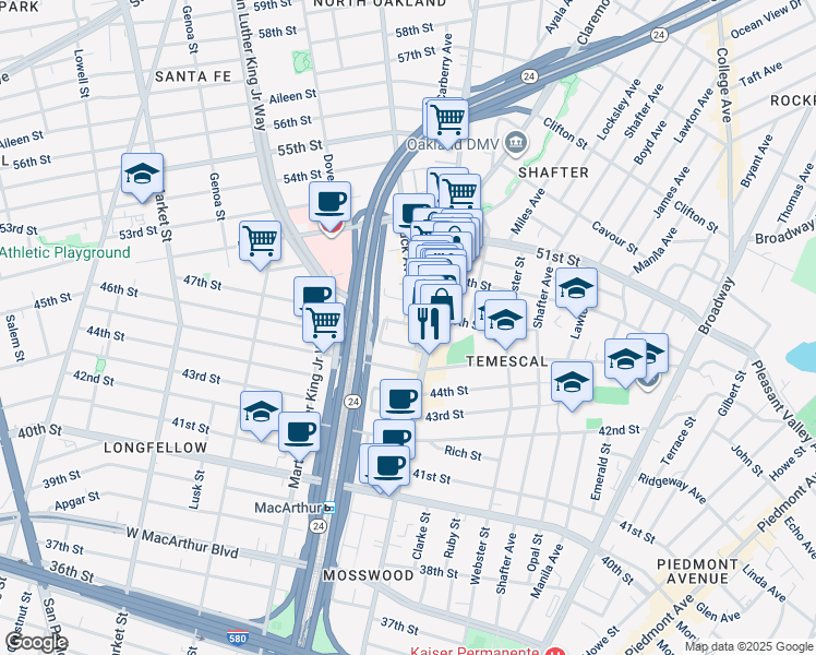 map of restaurants, bars, coffee shops, grocery stores, and more near 4691 Telegraph Avenue in Oakland
