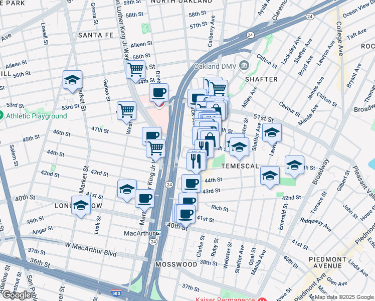 map of restaurants, bars, coffee shops, grocery stores, and more near 559 47th Street in Oakland