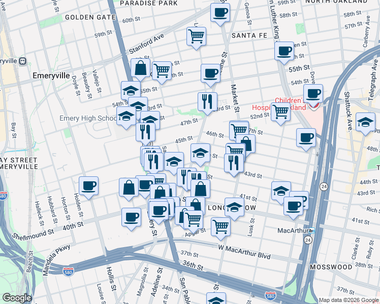 map of restaurants, bars, coffee shops, grocery stores, and more near 4357 Adeline Street in Emeryville