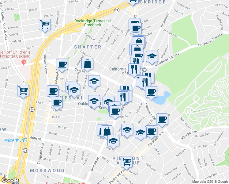 map of restaurants, bars, coffee shops, grocery stores, and more near 332 49th Street in Oakland