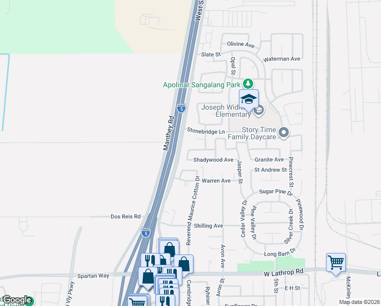 map of restaurants, bars, coffee shops, grocery stores, and more near 150 Castlewood Avenue in Lathrop